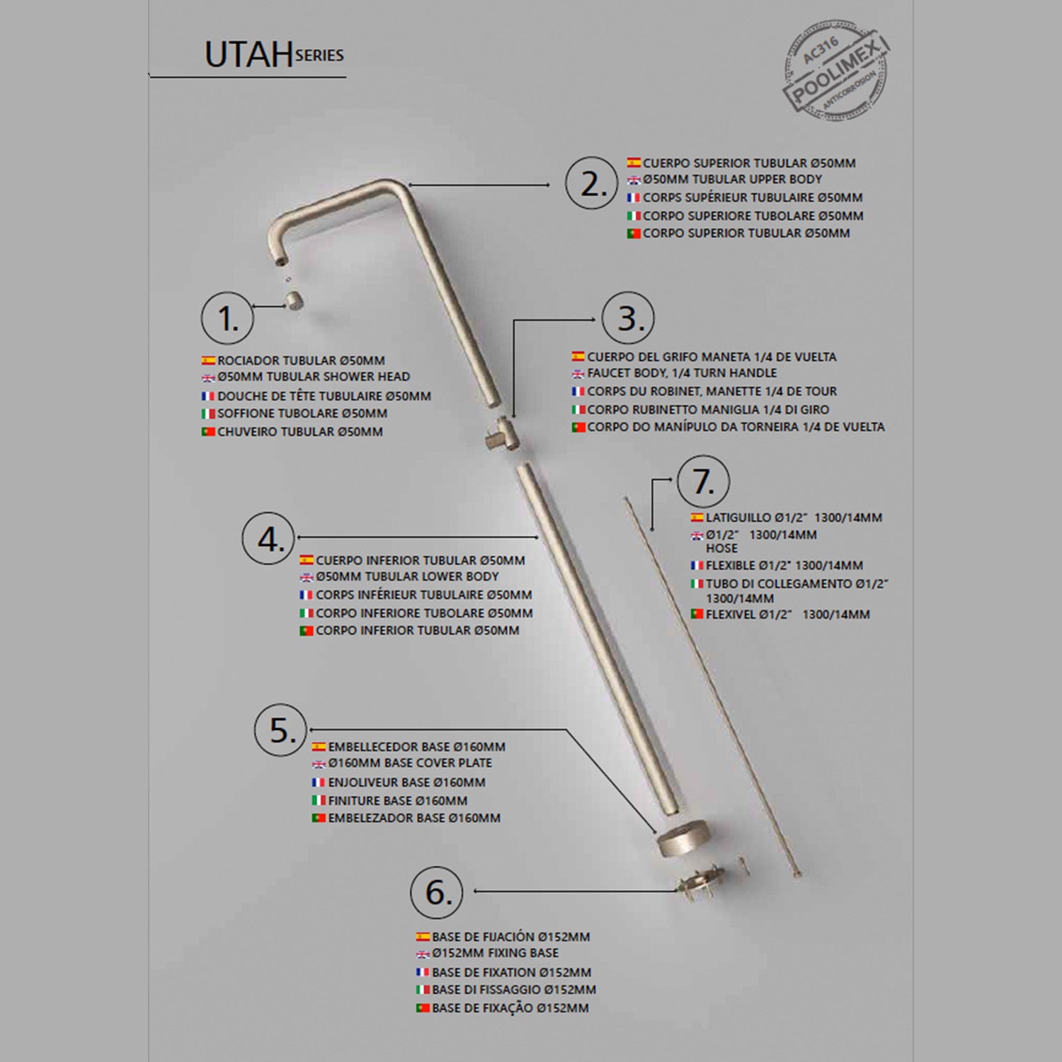 IMEX Doccia piscina beige in acciaio 316 con diffusore anticalcare e rubinetto monoforo modello UTAH