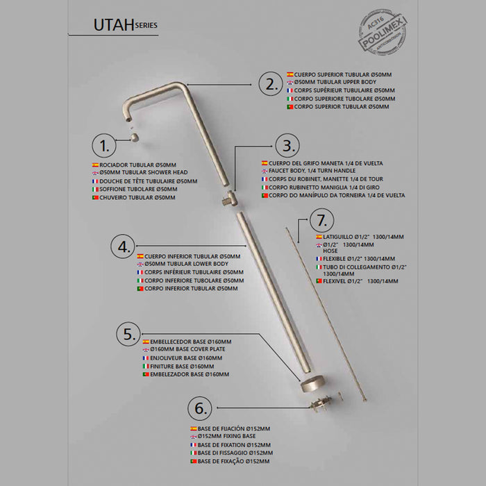 IMEX Doccia piscina beige in acciaio 316 con diffusore anticalcare e rubinetto monoforo modello UTAH