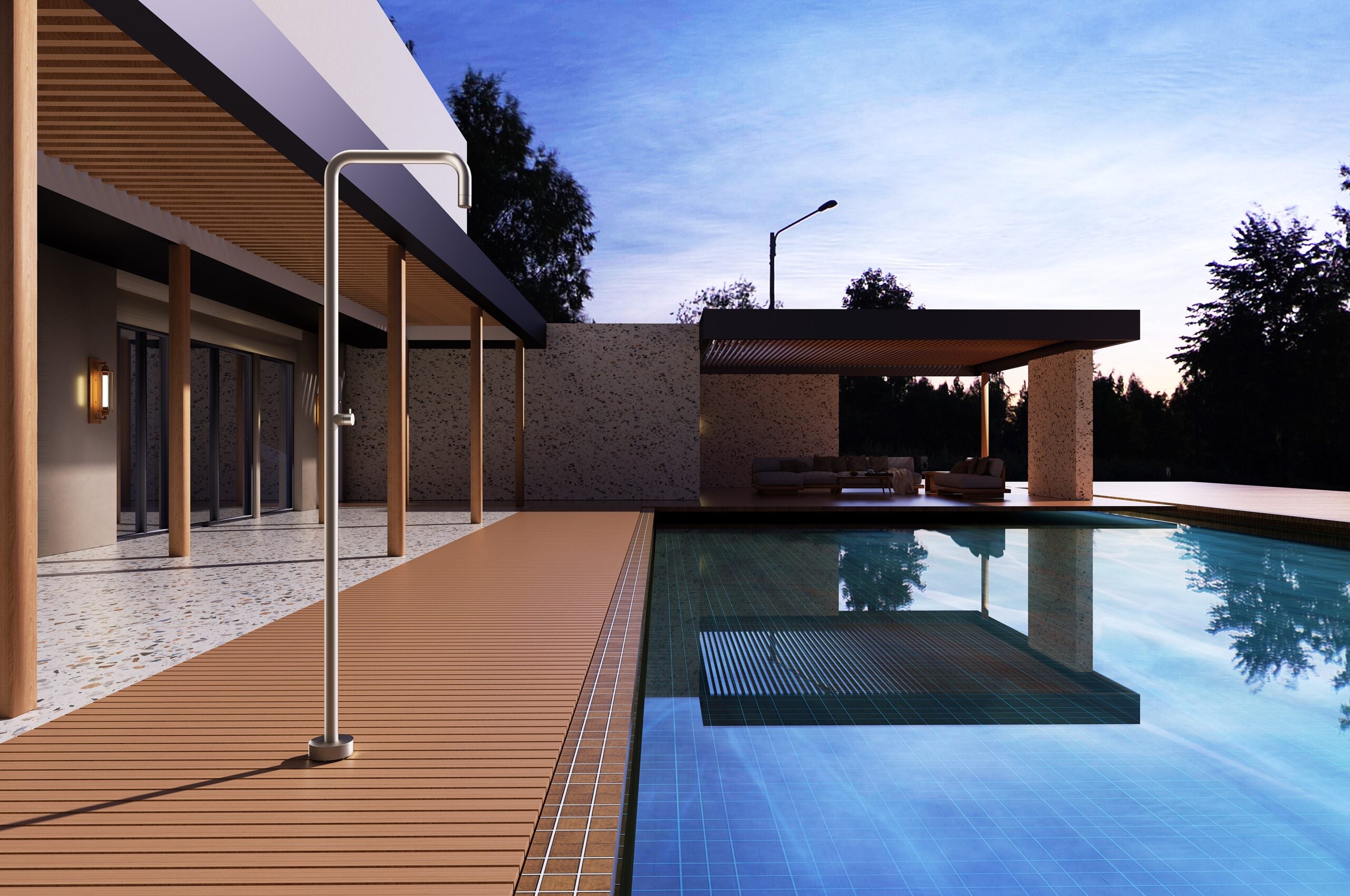 IMEX Doccia piscina beige in acciaio 316 con diffusore anticalcare e rubinetto monoforo modello UTAH