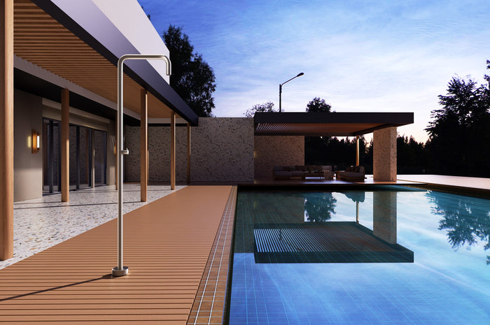 IMEX Doccia piscina beige in acciaio 316 con diffusore anticalcare e rubinetto monoforo modello UTAH