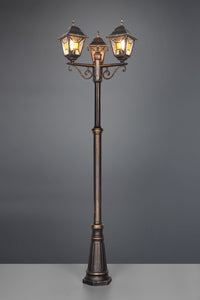 IMPERIA PALO ALTO 3 LANTERNE DA ESTERNO 4 LATI FUSIONE DI ALLUMINIO RUGGINE E VETRO VERNICIATO EFFETTO GHIACCIO ED INSERTO GIALLO H. 240CM IP44 ATTACO E27