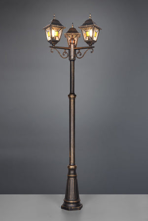 IMPERIA PALO ALTO 3 LANTERNE DA ESTERNO 4 LATI FUSIONE DI ALLUMINIO RUGGINE E VETRO VERNICIATO EFFETTO GHIACCIO ED INSERTO GIALLO H. 240CM IP44 ATTACO E27