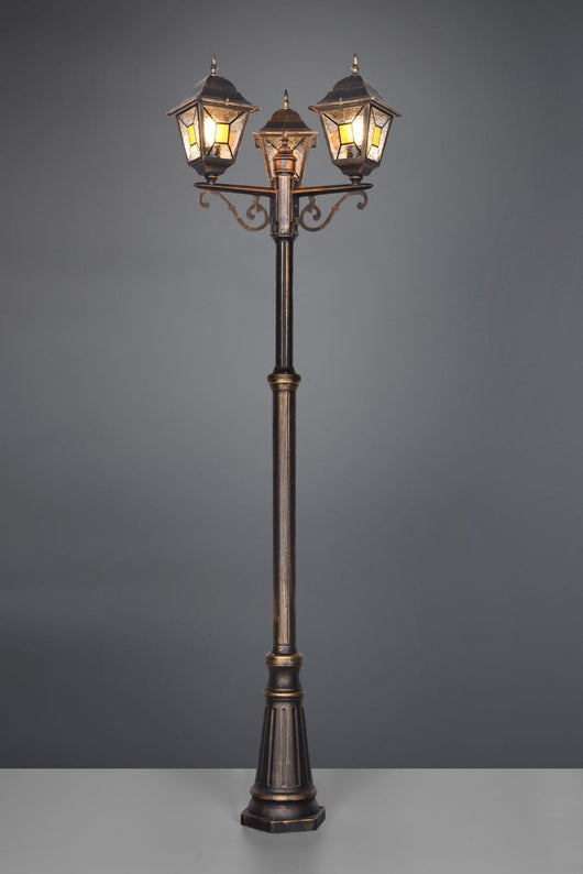 IMPERIA PALO ALTO 3 LANTERNE DA ESTERNO 4 LATI FUSIONE DI ALLUMINIO RUGGINE E VETRO VERNICIATO EFFETTO GHIACCIO ED INSERTO GIALLO H. 240CM IP44 ATTACO E27