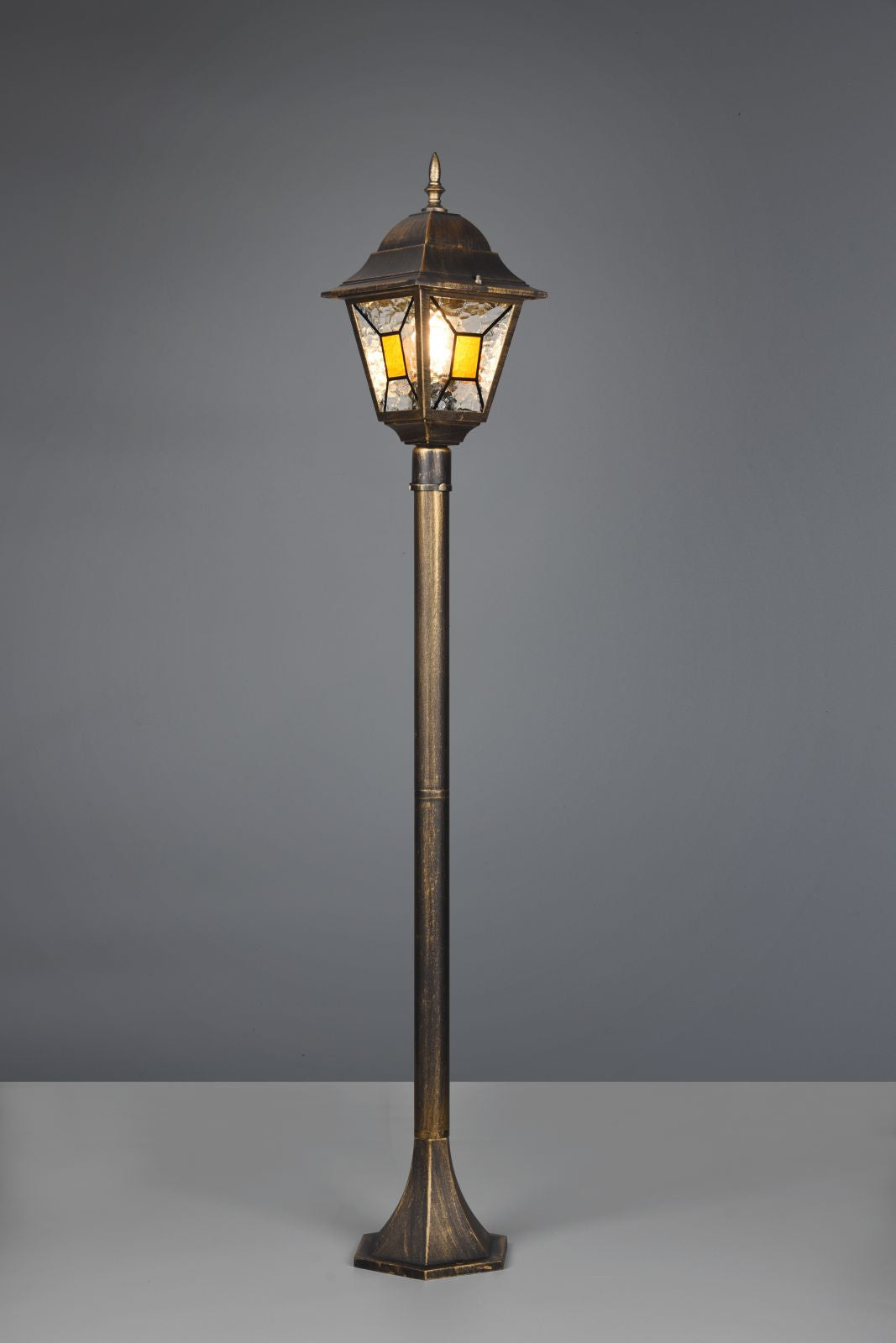 IMPERIA PALO DA ESTERNO 4 LATI FUSIONE DI ALLUMINIO RUGGINE E VETRO VERNICIATO EFFETTO GHIACCIO ED INSERTO GIALLO H. 120CM IP44 1 LUCE ATTACCO E27