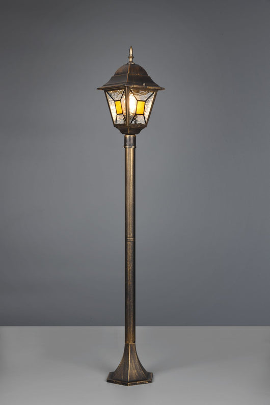 IMPERIA PALO DA ESTERNO 4 LATI FUSIONE DI ALLUMINIO RUGGINE E VETRO VERNICIATO EFFETTO GHIACCIO ED INSERTO GIALLO H. 120CM IP44 1 LUCE ATTACCO E27