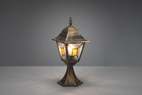 IMPERIA PALO SEGNAVIALI DA ESTERNO 4 LATI FUSIONE DI ALLUMINIO RUGGINE E VETRO VERNICIATO EFFETTO GHIACCIO ED INSERTO GIALLO H. 44CM IP44 1 LUCE ATTACCO E27