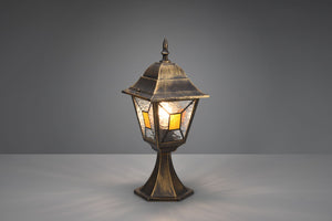 IMPERIA PALO SEGNAVIALI DA ESTERNO 4 LATI FUSIONE DI ALLUMINIO RUGGINE E VETRO VERNICIATO EFFETTO GHIACCIO ED INSERTO GIALLO H. 44CM IP44 1 LUCE ATTACCO E27