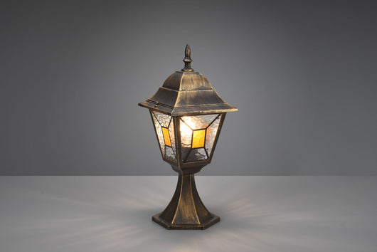 IMPERIA PALO SEGNAVIALI DA ESTERNO 4 LATI FUSIONE DI ALLUMINIO RUGGINE E VETRO VERNICIATO EFFETTO GHIACCIO ED INSERTO GIALLO H. 44CM IP44 1 LUCE ATTACCO E27