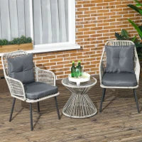 Set da giardino in rattan intrecciato 3 pezzi, 2 poltrone e 1 tavolino rotondo, cuscini inclusi, telaio in acciaio
