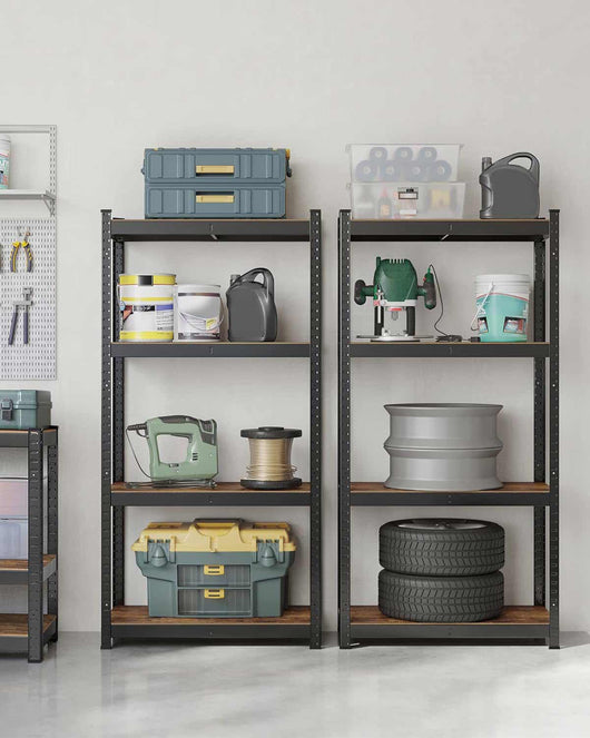 KIT 2 Scaffali stile industrial- vintage in acciaio e legno m. 75x30x150 Regolabili, per Soggiorno, Cucina, colore Marrone  e Nero