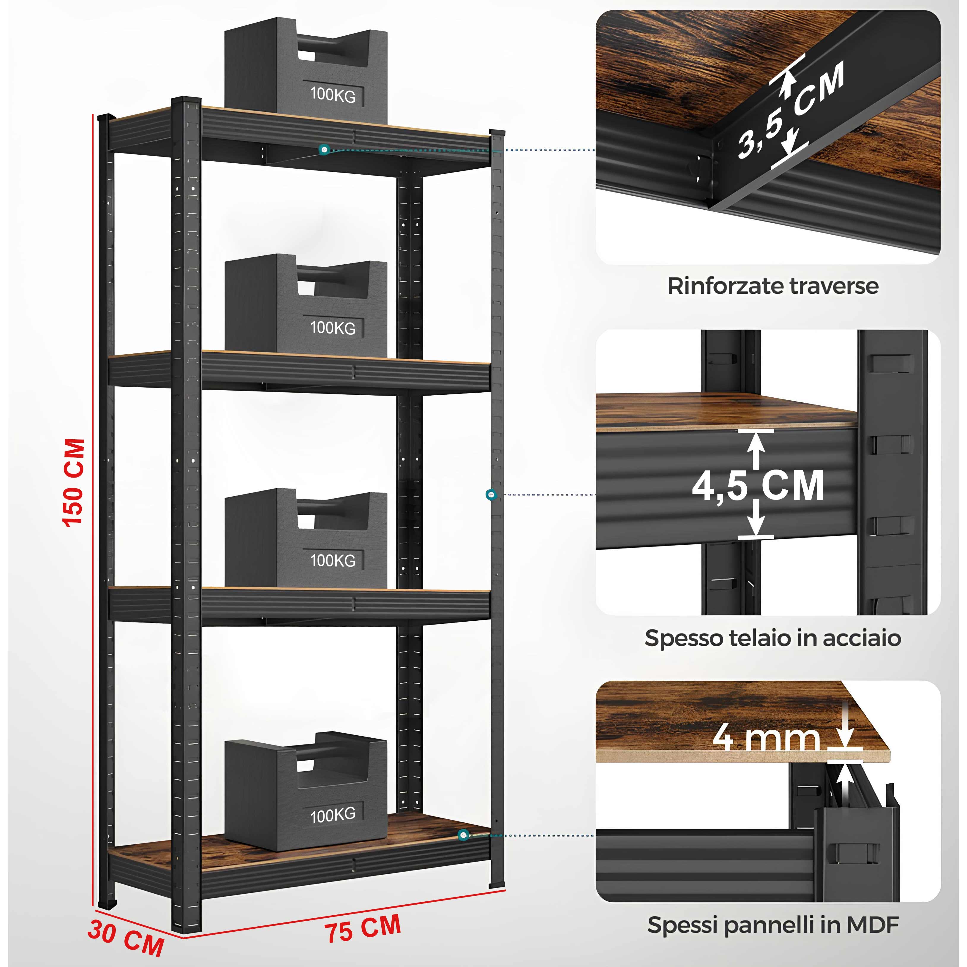 Scaffale in MDF Zincato 5 ripiani: 90x40x180Cm portata 875Kg (175Kg ripiano)