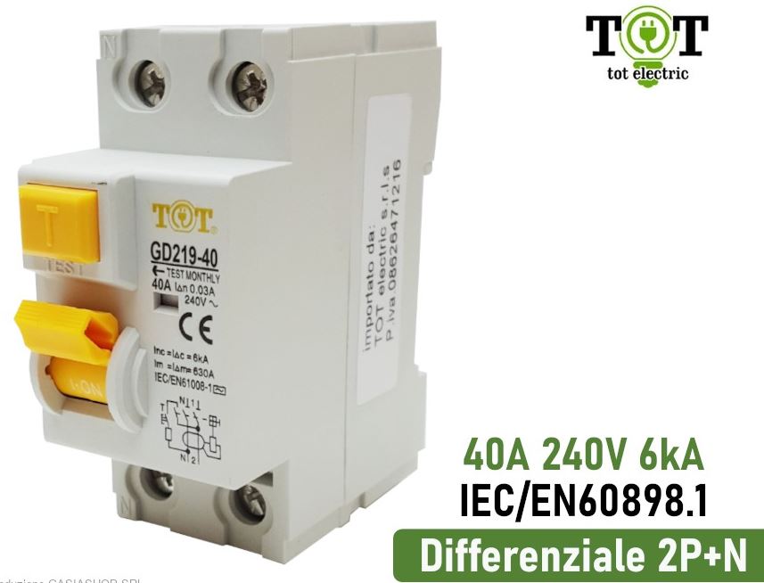 INTERRUTTORE DIFFERENZIALE 40A PER BARRA DIN 2 MODULI 2P+N 240V 6KA SENSIBILITA' 30mA