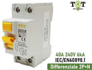 INTERRUTTORE DIFFERENZIALE 40A PER BARRA DIN 2 MODULI 2P+N 240V 6KA SENSIBILITA' 30mA