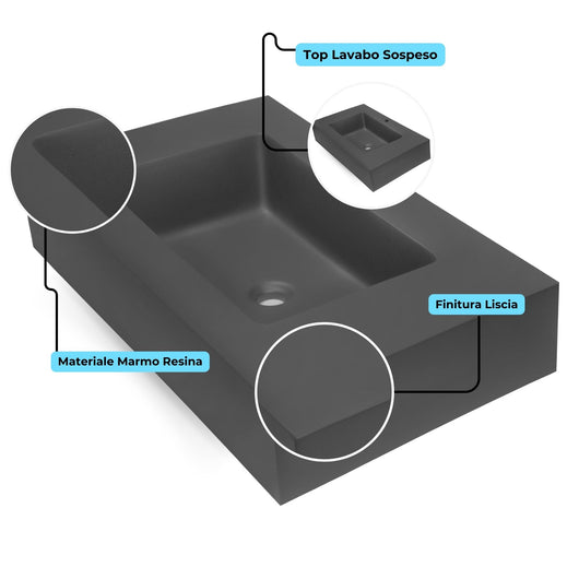 Top lavabo sospeso in materiale marmo resina finitura liscia due colorazioni *** misure 100x46x15 cm, tinta antracite...