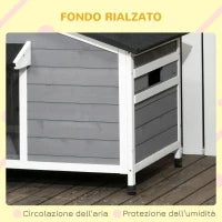 Casetta per Cani in Legno con Design Rialzato, Tenda Protettiva e 2 Finestre, 109x79x72 cm