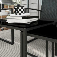 Set da Giardino con 2 Sedie, Divanetto e 2 Tavolini con Cuscini e Piano in Vetro, Nero