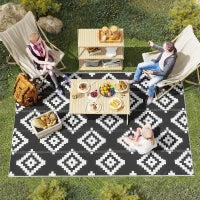 Tappeto Esterno per Balcone e Terrazza Reversibile con Fantasia Geometrica, 2.74x1.82 m, Nero e Bianco