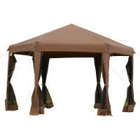 Gazebo da Giardino Pieghevole ed Esagonale con Zanzariera, in Acciaio e Poliestere, 3.2x3.2x2.7 m, Marrone