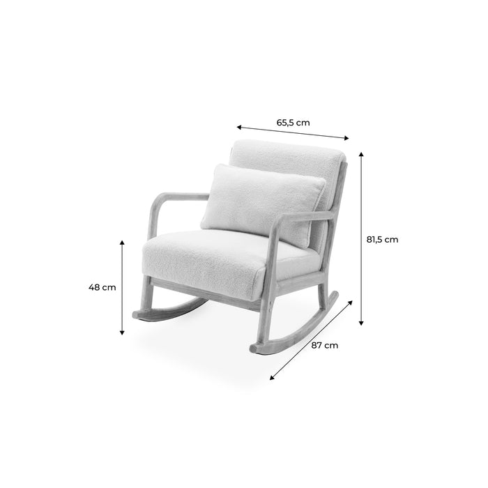 Poltrona scandinava a dondolo in legno e tessuto bouclé, bianco
