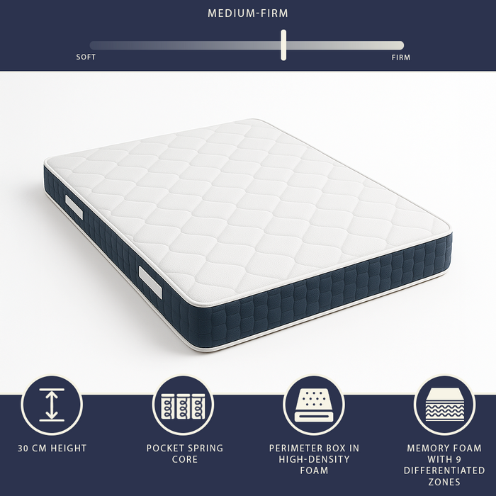 Materasso matrimoniale francese 140 X 190 Molle Insacchettate e Memory Foam | Altezza 30 cm | Anallergico e traspirante | Dispositivo Medico Classe 1 | Prodotto in Italia