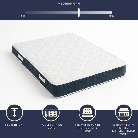 Materasso matrimoniale francese 140 X 200 Molle Insacchettate e Memory Foam | Altezza 30 cm | Anallergico e traspirante | Dispositivo Medico Classe 1 | Prodotto in Italia