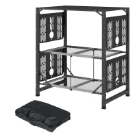 Tavolo da Cucina da Campeggio Pieghevole, in Acciaio e Alluminio, con Borsa per il Trasporto, 2 Ripiani, 2 Mensole e Portabicchieri, Nero