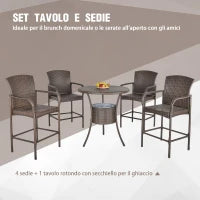 Set 5 Pezzi Tavolino con 4 Sedie da Giardino Alte in Rattan Sintetico con Secchiello per Ghiaccio, Marrone