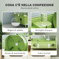 Gabbia per Criceti a 2 Livelli e 3 Porte con Ruota e Tubi, in Acciaio, PS e PP, 44.5x28x44 cm, Verde e Bianco