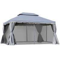 Gazebo da Giardino, Tenda da Giardino a Doppio Tetto con Pareti e Zanzariere Rimovibili, 4 x 3 m, Grigio