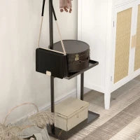 Appendiabiti da Terra a C con 3 Ganci, Barra e Vassoio Inferiore, Base in Pietra e Piedini Antiscivolo, Nero