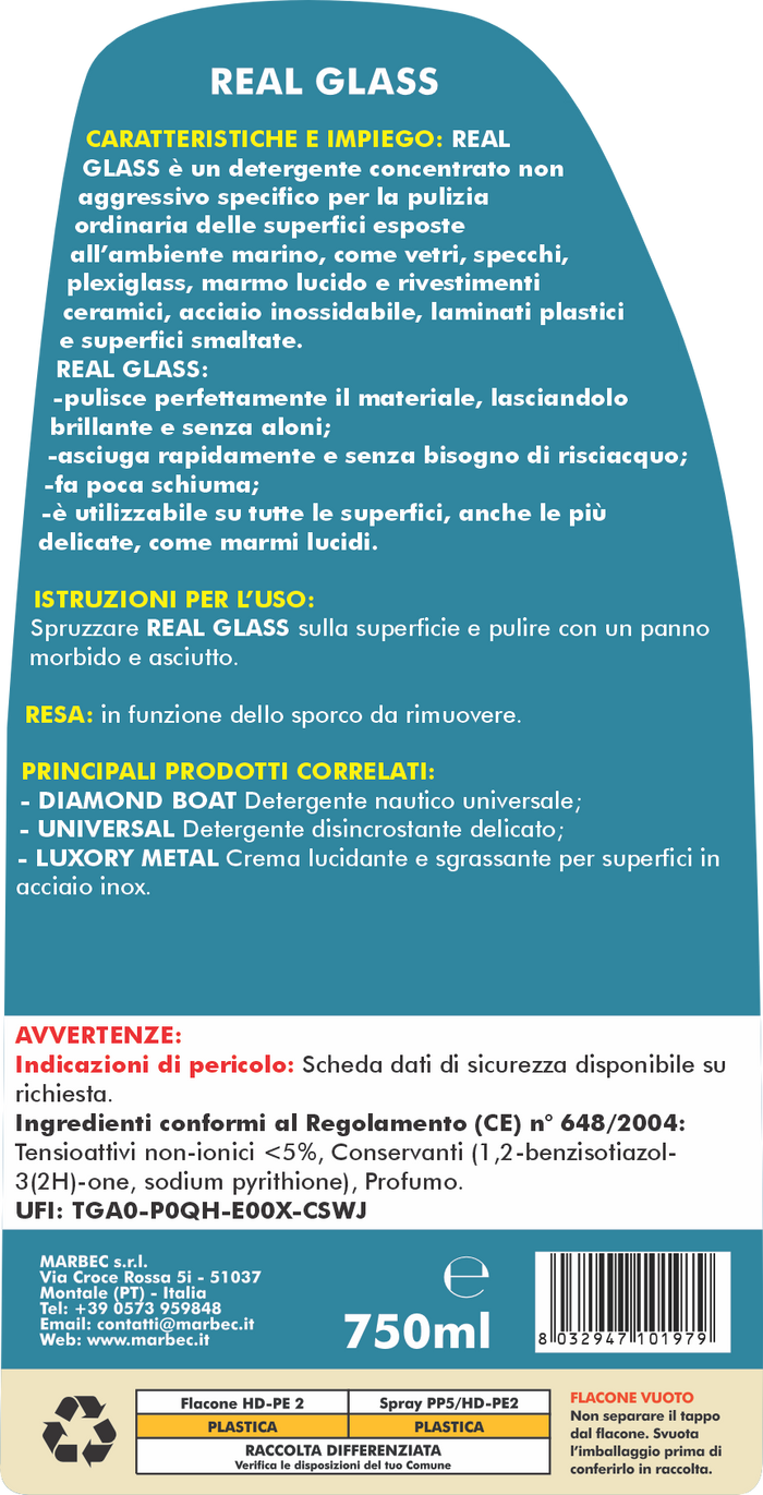 Detergente nautico non aggressivo REAL GLASS   750ML