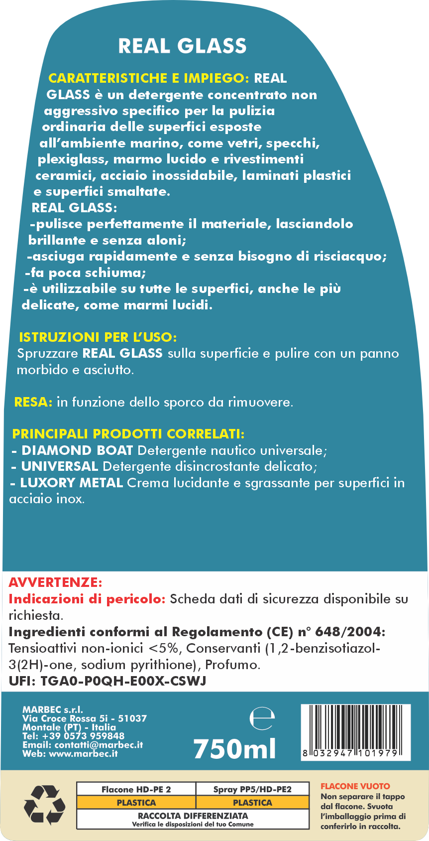 Detergente nautico non aggressivo REAL GLASS   750ML