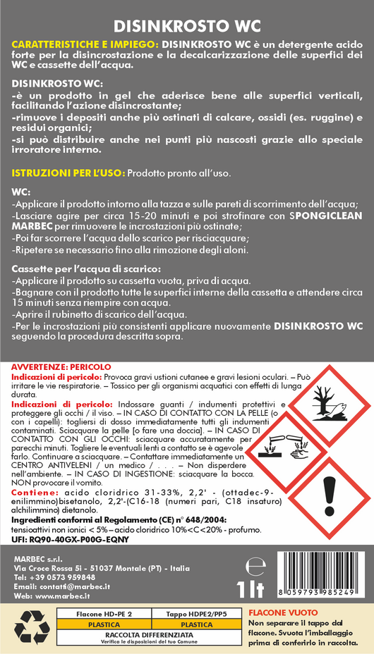 Detergente Acido in Gel per la Pulizia Disincrostante dei Water | DISINKROSTO WC 1LTx6Pz