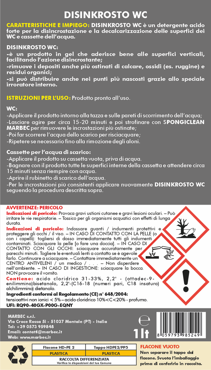 Detergente Acido in Gel per la Pulizia Disincrostante dei Water | DISINKROSTO WC 1LTx6Pz