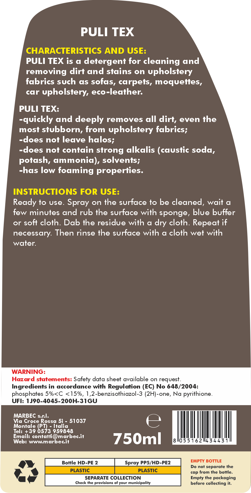 Detergente per pulire divano, tappeti e moquette PULI TEX   750MLx6Pz