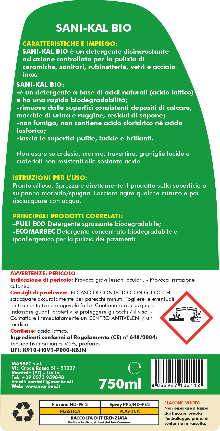 Anticalcare SANI-KAL BIO   750MLx6Pz