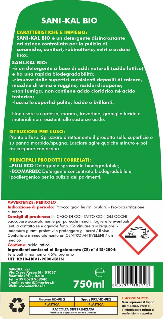 Anticalcare SANI-KAL BIO   750MLx6Pz