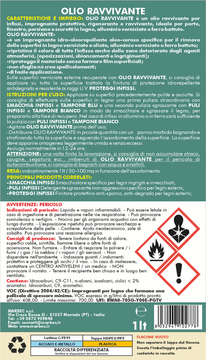 Restauro legno verniciato OLIO RAVVIVANTE   1LTx6Pz