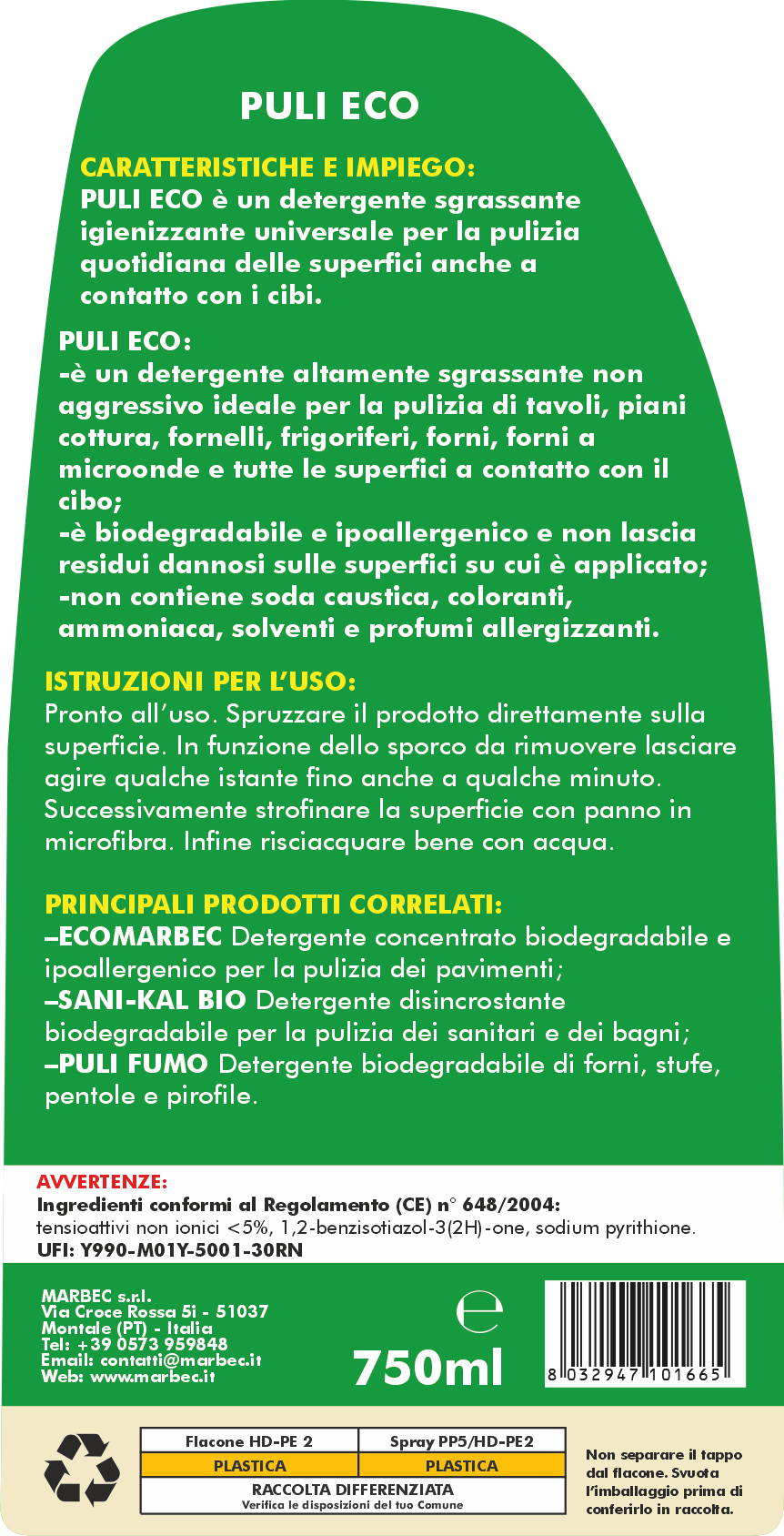 Detergente per superfici a contatto con gli alimenti PULI ECO   750ML