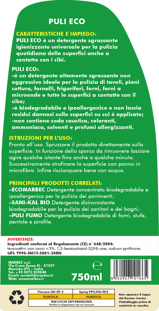 Detergente per superfici a contatto con gli alimenti PULI ECO   750ML