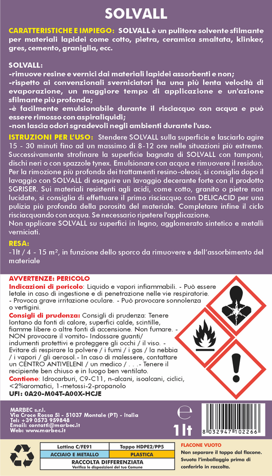 Pulitore sfilmante per materiali lapidei SOLVALL   1LT detergente + TAMPONE NERO