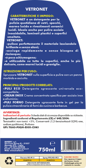 Come pulire i vetri e le superfici lucide VETRONET   750MLx6Pz