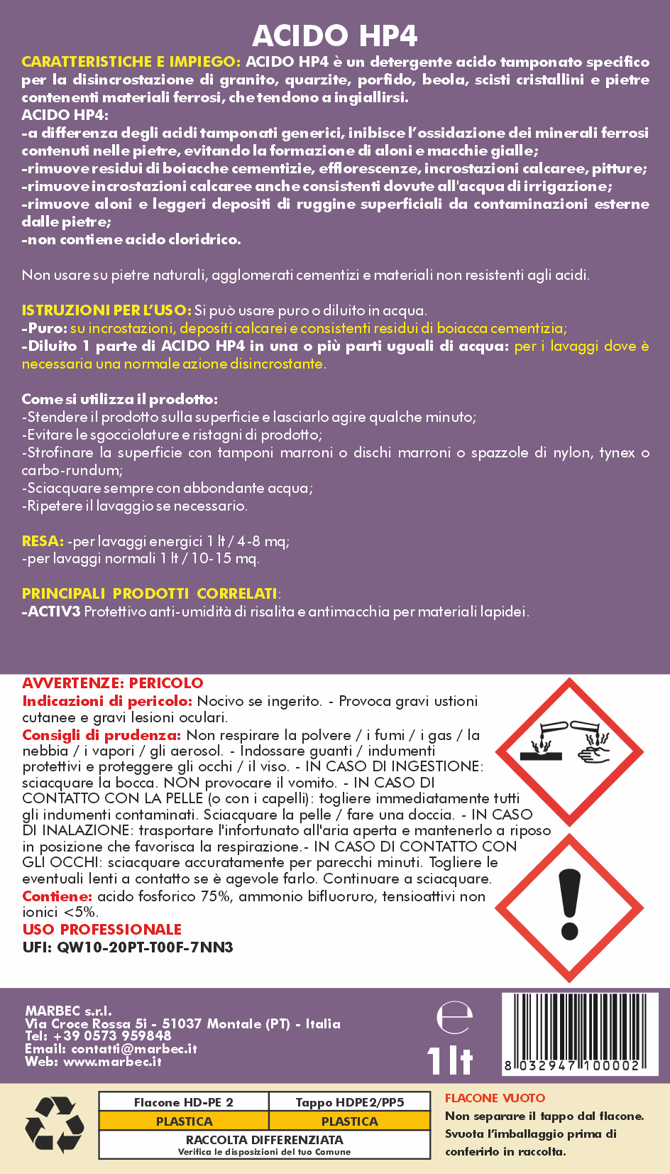 Detergente Acido tamponato per profido e granito ACIDO HP4    1LT