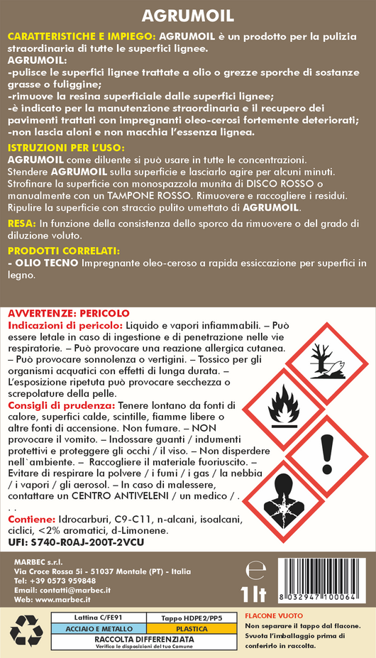 Diluente sgrassante per legno in d limonene AGRUMOIL   1LTx6Pz