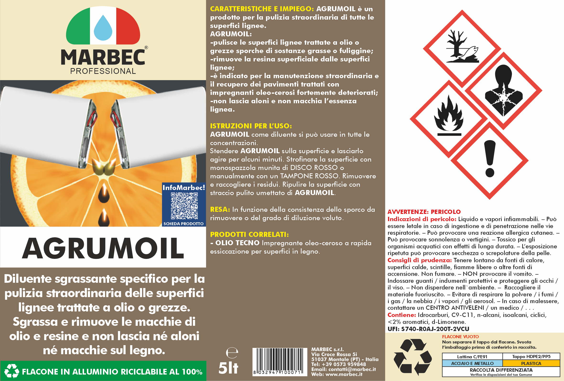 Diluente sgrassante per legno in d limonene AGRUMOIL   5LTx4Pz