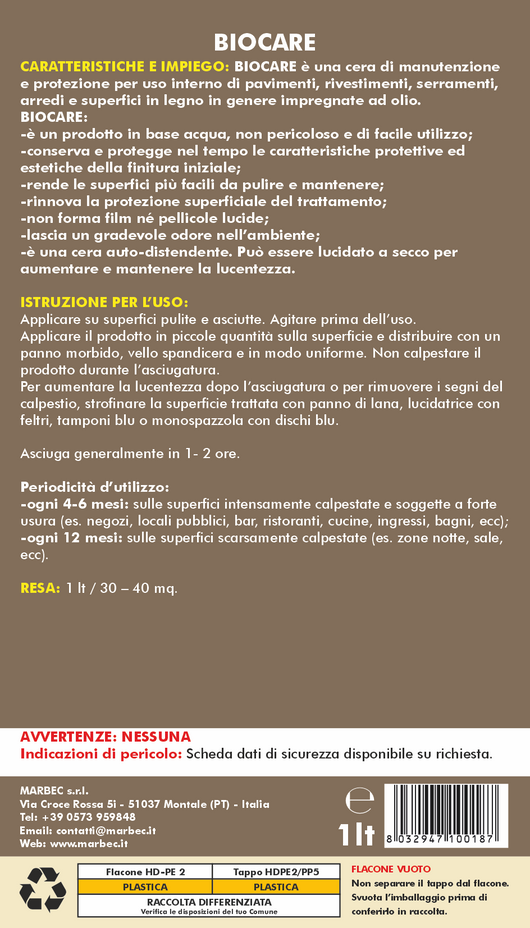 Cera per legno oliato BIOCARE   1LT