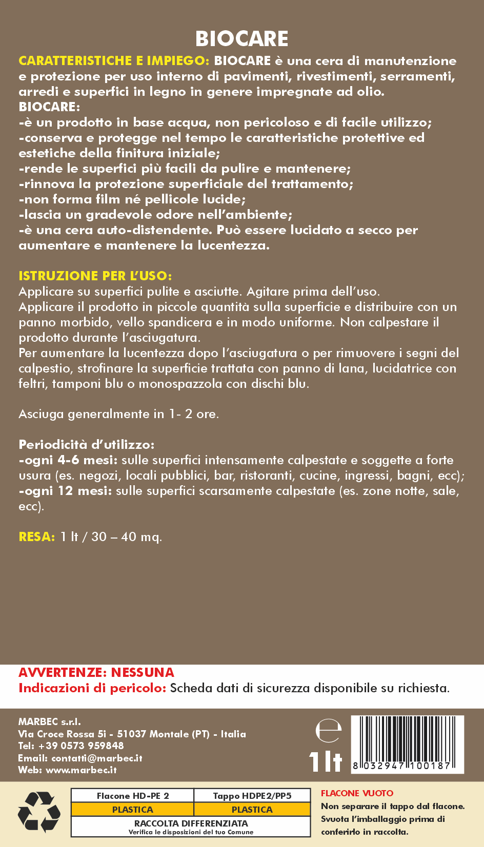 Cera per legno oliato BIOCARE   1LTx6Pz