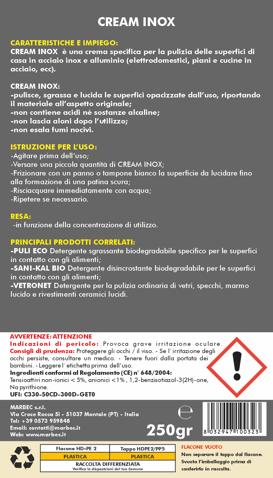 Crema Lucidante per la Pulizia dell'Acciaio Inox CREAM INOX 250GRx6Pz