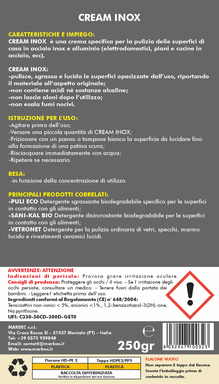 Crema Lucidante per la Pulizia dell'Acciaio Inox CREAM INOX 250GRx6Pz