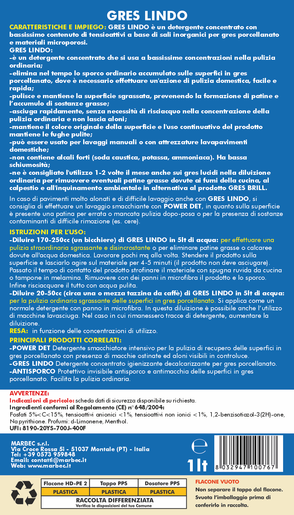 Detergente per gres porcellanato GRES LINDO   1LTx6Pz